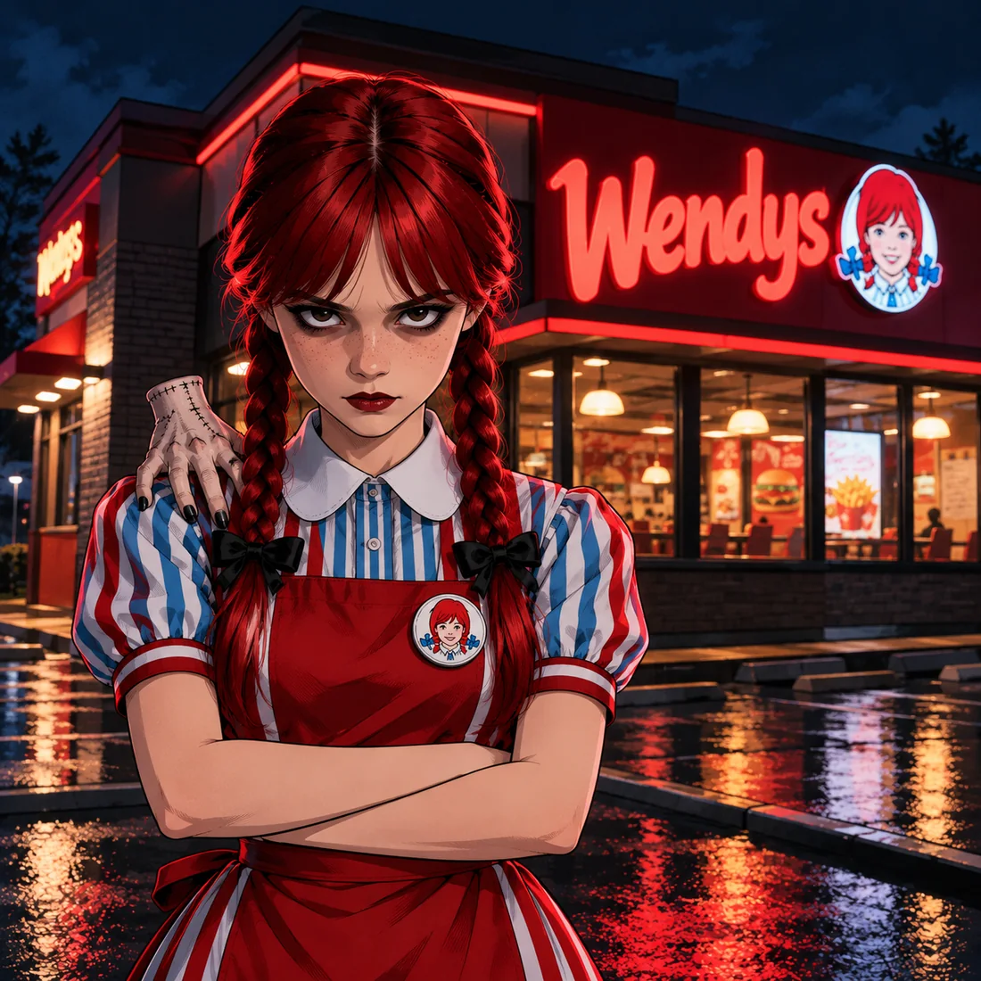 a red-haired goth girl in a striped fast food uniform stands with her arms crossed in a wet parking lot at night, a stitched hand resting on her shoulder